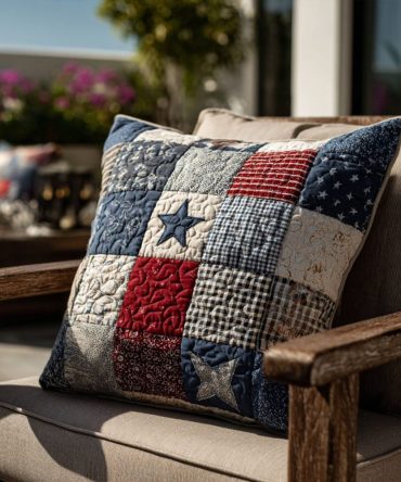 All Stars Patriotic Quilted Pillow Cover — Red White & Blue Star-Pattern Throw Pillow Sham For 4Th Of July, Porch & Living Room Decor