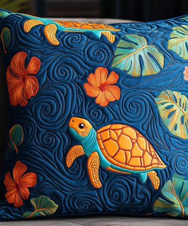 Aloha Turtle Bloom Quilted Pillow Case — Hawaiian Turtle Floral Decorative Cover, Premium Cotton-Blend, Easy Care & Hypoallergenic