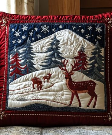 Alpine Deer Quilted Pillow Cover — Classic Alpine Deer Design Quilted Throw Pillowcase For Mountain, Cabin & Holiday Styling
