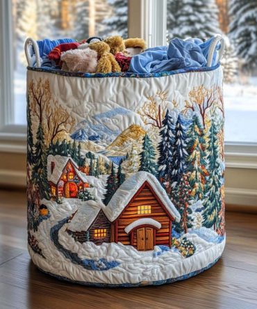 Alpine Glow Quilted Laundry Hamper - Spacious Foldable Fabric Basket With Durable Handles For Cozy Mountain-Inspired Home Storage