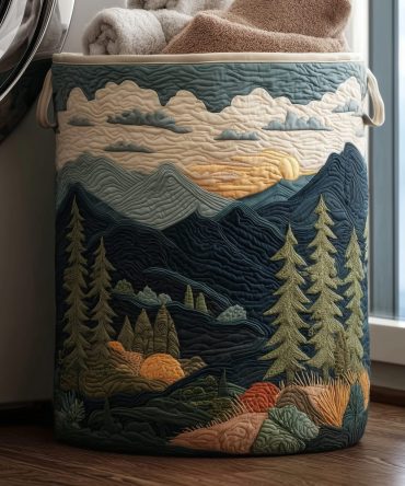 Alpine Glow Quilted Laundry Hamper – Mountain-Inspired Pattern, Soft Durable Fabric, Collapsible Design With Reinforced Carry Handles