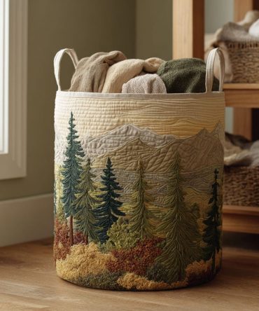 Alpine Rise Quilted Laundry Hamper — Mountain-Theme Decorative Collapsible Basket With Reinforced Handles For Stylish Home Organization