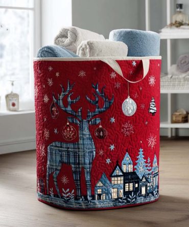 Alpine Village Glow Quilted Laundry Hamper — Premium Foldable Winter-Themed Fabric Basket For Closet, Bathroom & Holiday Gift