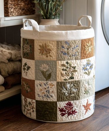 Altar Bloom Quilted Laundry Hamper — Elegant Floral Quilt Print Collapsible Fabric Basket With Handles, Sophisticated Decorative Storage