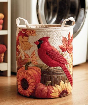 Amber Cardinal Quilted Laundry Hamper — Warm Autumn Cardinal Storage Basket, Foldable Decorative Hamper With Sturdy Handles & Liner