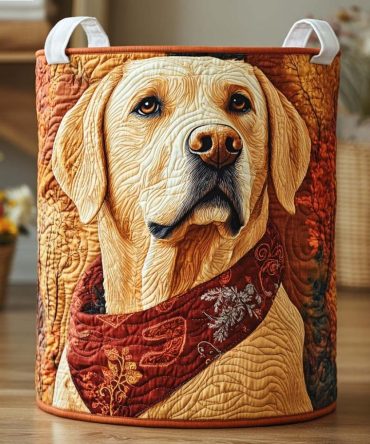 Amber Hound Quilted Laundry Hamper — Warm-Toned Dog Print Fabric Basket With Handles, Foldable Storage For Stylish Organization