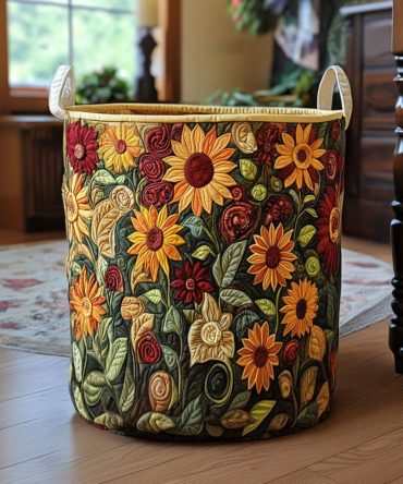 Amber Meadow Quilted Laundry Hamper — Cozy Floral Fabric Basket, Foldable Design With Strong Handles, Perfect For Bedrooms & Bathrooms
