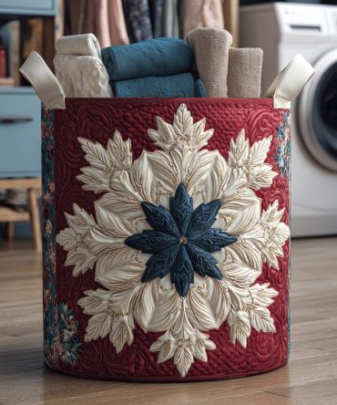 Amber Snowflake Crown Quilted Laundry Hamper – Decorative Collapsible Fabric Basket, Durable Stitching & Easy-Care Design
