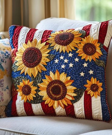 American Bloom Burst Quilted Pillow Cover — Patriotic Floral Burst Decorative Throw Pillowcase, Soft Cotton-Blend For Seasonal & Everyday Home Styling