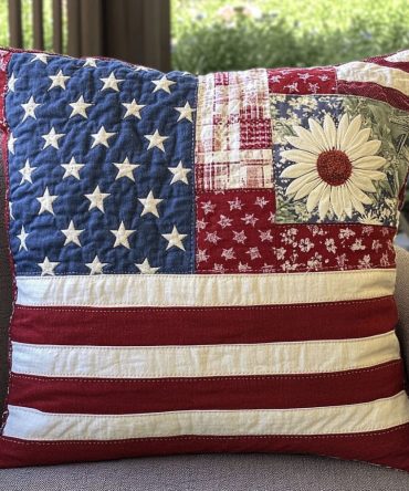 American Dream Hearts Quilted Pillow Cover — Red, White & Blue Heart Throw Pillowcase For Patriotic Romantic Home Styling