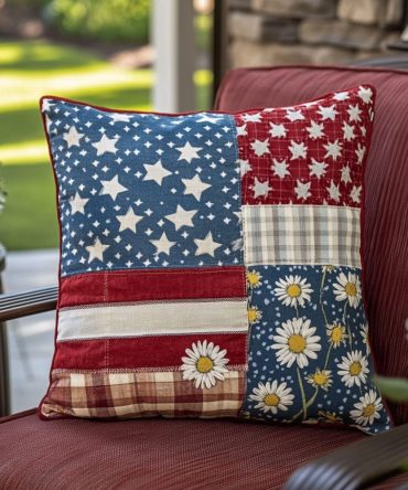 American Floral Patriotic Quilted Pillow Cover — Premium Decorative Throw Sham For 4Th Of July, Porch & Farmhouse Style