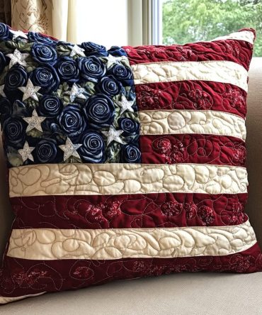 Americana Bloom Quilted Pillow Cover — Floral Patriotic Decorative Sham With Textured Stitching, Soft Cotton-Blend, Machine Washable Accent