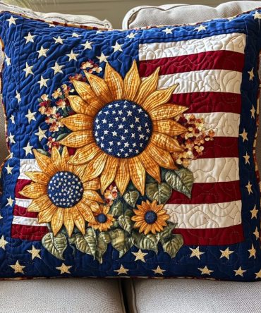 Americana Sunflower Quilted Decorative Pillow Cover — Bold Sunflower And Flag-Accent Throw Pillowcase, Textured Cotton-Blend For Patriotic Farmhouse Charm
