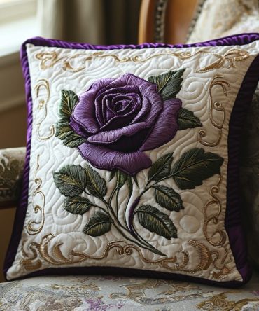 Amethyst Rose Quilted Accent Pillow Cover — Luxurious Floral Throw Pillow Sham For Sofa, Bed & Guest Room (Soft Texture)