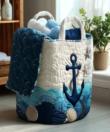 Anchor Away Quilted Laundry Hamper — Nautical Anchor Fabric Basket, Collapsible & Washable Laundry Storage With Carry Handles