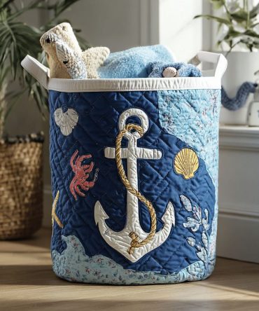 Anchored Bliss Quilted Laundry Hamper — Classic Navy Nautical Foldable Fabric Basket For Bathroom, Bedroom & Seaside-Inspired Storage