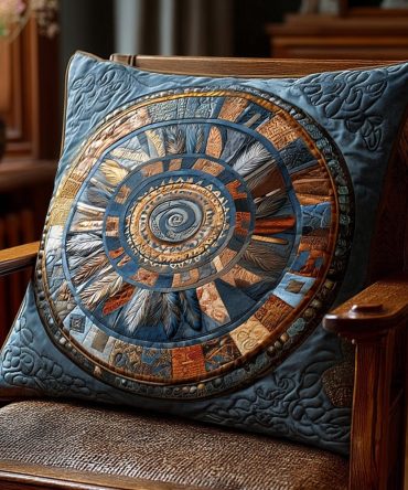 Ancient Feathers Quilted Pillow Cover — Boho Feather Pattern Decorative Sham, Textured Stitched Design, Soft Breathable Cotton-Blend