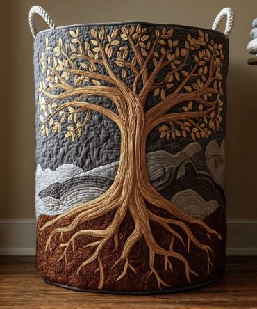 Ancient Grove Quilted Laundry Hamper – Rustic Woodland Foldable Clothes Basket With Padded Walls, Sturdy Handles & Compact Storage Solution