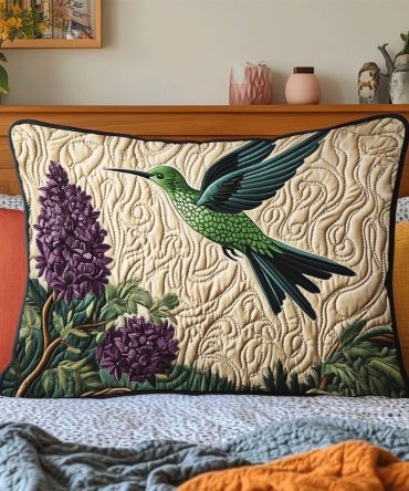 Antique Hummingbird Quilted Decorative Pillow Cover — Vintage Botanical Throw Pillow Sham For Cottage, Garden & Bedroom Accent