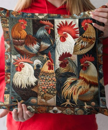 Vintage Rooster Quilted Pillow Cover — Rustic Farmhouse Decorative Throw Pillowcase For Kitchen, Dining & Living Areas , Machine Washable