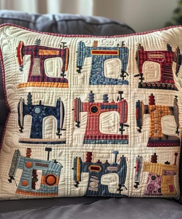 Antique Sewing Machine Quilted Pillow Cover — Classic Heritage Motif & Rich Quilting Detail For Timeless Cottage, Vintage Or Studio Décor