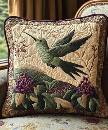Antique Hummingbird Quilted Pillow Cover — Vintage Floral Throw Sham, Rustic Bird Accent For Bedroom & Living Room