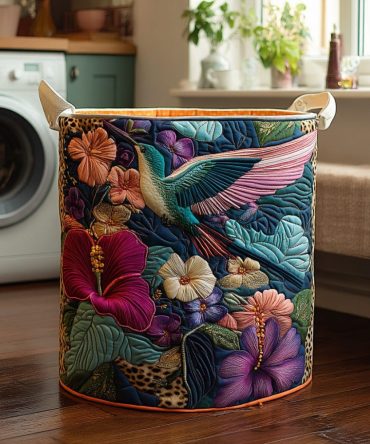Antique Hummingbird Quilted Laundry Hamper — Vintage Botanical Fabric Basket With Collapsible Design, Reinforced Handles & Easy-Care Washable Cover