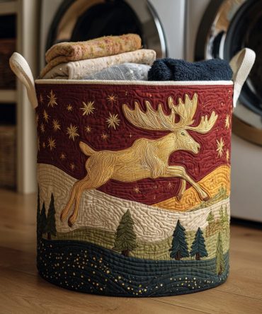 Antler Moose Quilted Hamper — Quilted Fabric Laundry Basket With Antler Motif, Reinforced Handles And Collapsible Rustic Storage For Home