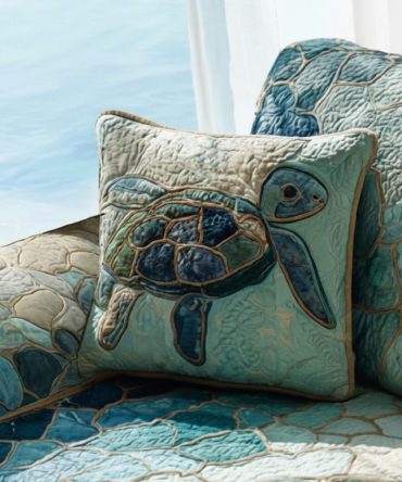 Aqua Mosaic Turtles Quilted Pillow Cover - Coastal Blue Decorative Throw Cushion For Living Room & Beach House