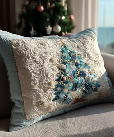 Coastal Aqua Quilted Pillowcase - Luxury Decorative Pillow Cover For Bed & Sofa, Teal Holiday Accent, Machine-Washable