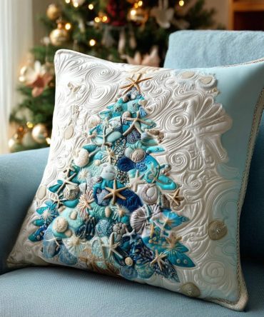 Aqua Holiday Quilted Pillow Cover — Coastal-Inspired Turquoise Throw Pillowcase, Soft Quilting, Zipper Closure, Gift-Ready