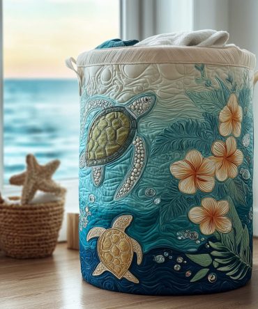 Aqua Serenity Quilted Laundry Basket — Coastal Blue Cotton Hamper With Quilt Texture, Collapsible & Lightweight With Comfortable Handles For Beachy Homes
