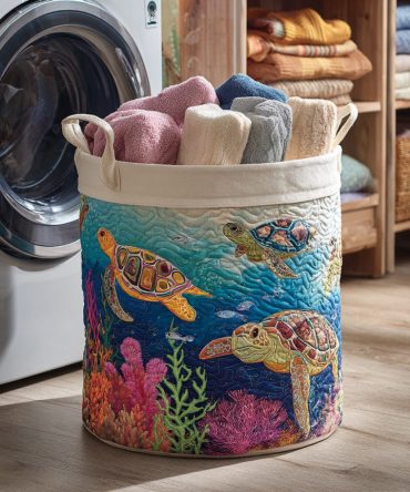 Aqua Turtle Haven Quilted Laundry Hamper — Seaside Foldable Fabric Basket, Durable Handles, Breathable Liner For Home Storage