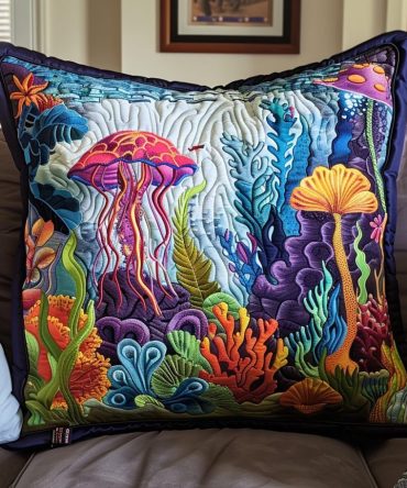Elegant Aquatic Majesty Quilted Pillow Cover — Ocean-Inspired Decorative Pillowcase, Luxury Coastal Bedding Accent, Durable