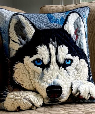 Arctic Husky Dream Quilted Pillow Cover — Northern Dog Print Decorative Throw For Winter Decor, Cool Blue Tones, Soft Quilted Accent