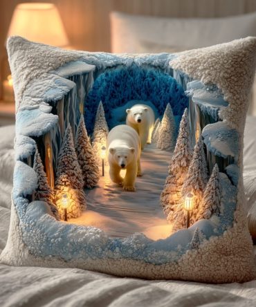 Arctic Bear Quilted Throw Pillow Cover — Cool-Toned Wildlife Decorative Pillow Case For Modern Cabin & Coastal Lodge Styles