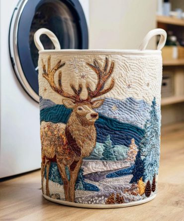 Arctic Deer Twilight Quilted Hamper — Winter-Inspired Foldable Laundry Basket With Reinforced Handles, Cozy Decor & Storage Solution