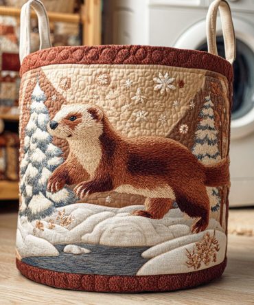 Arctic Weasel Trail Quilted Laundry Basket – Large Foldable Fabric Hamper With Reinforced Handles, Machine-Washable Liner & Cozy Winter Palette