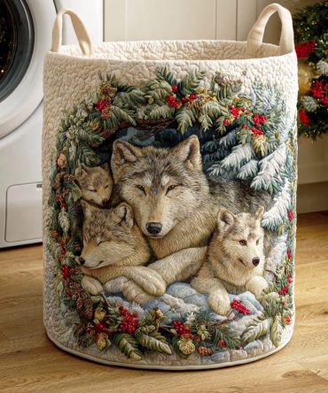 Arctic Wolf Heart Quilted Laundry Hamper — Scenic Arctic Wolf Pattern, Insulated-Look Collapsible Fabric Basket For Cozy Storage
