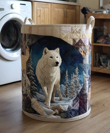 Arctic Wolf Spirit Quilted Laundry Hamper — Majestic Wolf Design Storage Basket For Rustic & Modern Interiors