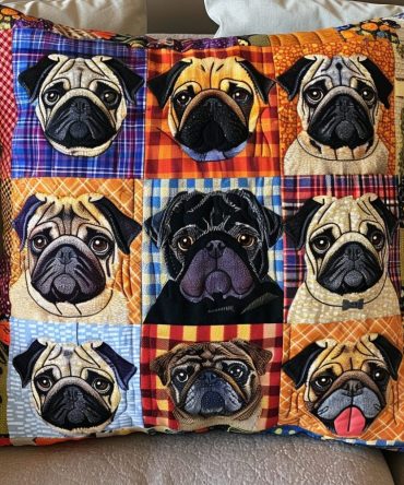 Artistic Pug Portraits Quilted Pillow Cover — Contemporary Dog Lover Throw Pillow Case With Gallery-Style Pug Illustrations