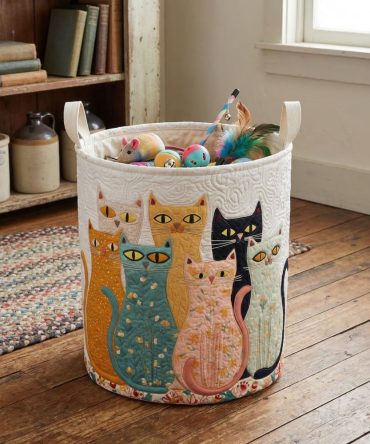 Artistic Cat Harmony Quilted Laundry Hamper - Designer Foldable Laundry Basket With Reinforced Handles, Stylish Cat Pattern For Modern Homes