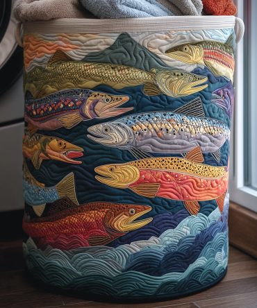Artistic Fish Quilted Laundry Hamper — Foldable Designer Fabric Basket For Bathroom, Bedroom & Nursery With Easy-Carry Handles