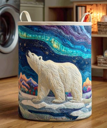 Aurora Bear Spirit Quilted Laundry Hamper – Large Foldable Fabric Basket With Sturdy Handles & Removable Liner, Rustic Nordic Style For Home
