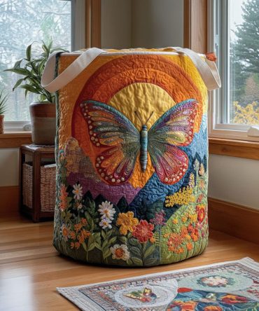 Aurora Butterfly Quilted Laundry Hamper — Elegant Decorative Collapsible Laundry Basket With Quilted Finish & Comfortable Handles