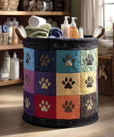 Aurora Pawdreams Quilted Laundry Hamper — Northern Lights Paw Print Fabric Basket, Stylish Collapsible Organizer For Home & Dorm