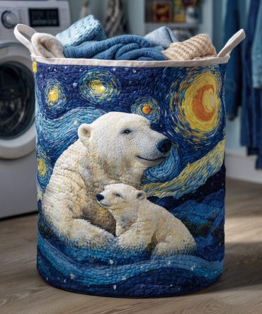Aurora Polar Bear Quilted Laundry Hamper — Large Collapsible Fabric Basket For Nursery, Kids’ Room & Stylish Home Storage
