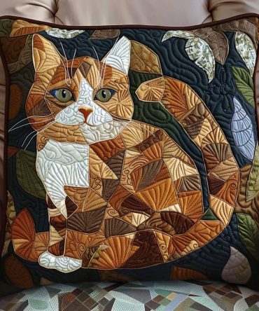 Autumn Feline Quilted Throw Pillow Cover — Cozy Fall Cat Accent Pillowcase, Quilted Texture, Warm Tones For Living Room & Bedroom