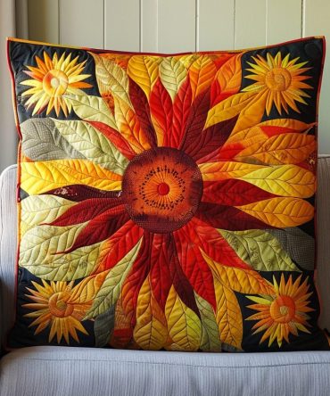 Autumn Leaves Sunflowers Quilted Pillowcase Cover — Harvest Floral Pillow Sham, Quilted Fall Bedding Accent With Sunflower & Leaf Motif