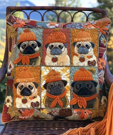 Autumn Pug Quilted Pillow Cover — Cozy Fall-Themed Decorative Throw Pillowcase With Leaves & Warm Tones For Sofa, Bed, Porch